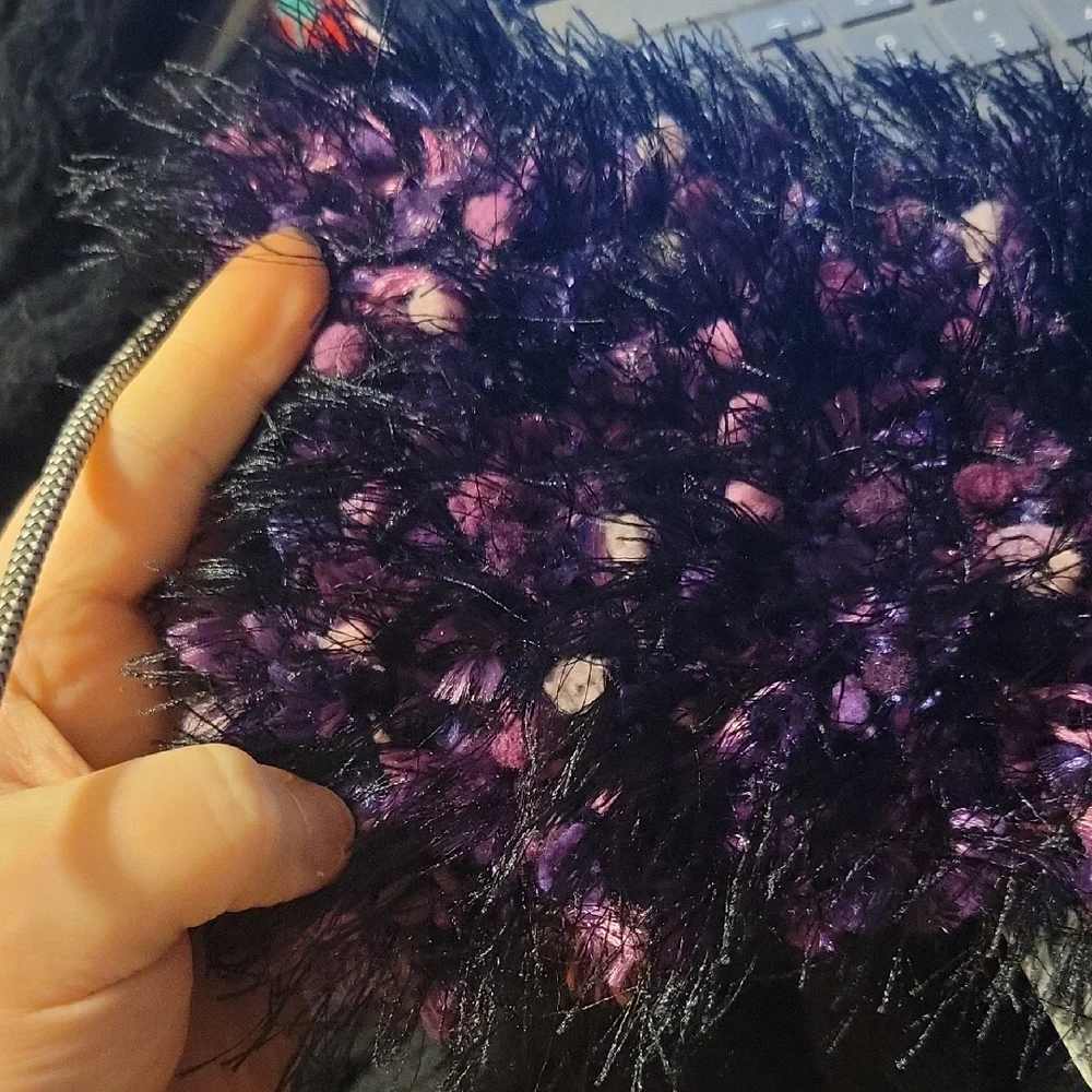 Approx. 74in Long Fuzzy Black And Vibrant Purple Textured Handmade Scarf